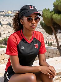 African woman with curly hairin a black volleyball uniform on the Mount of Olives