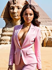 A 23 year old Caribbean beauty models in pink suit against ancient Egyptian backdrop